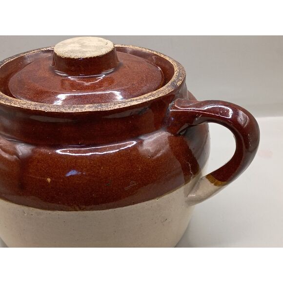 Antique Small Bean Pot Single Handle Stoneware Crock Brown Cream USA Crockery - Picture 8 of 15
